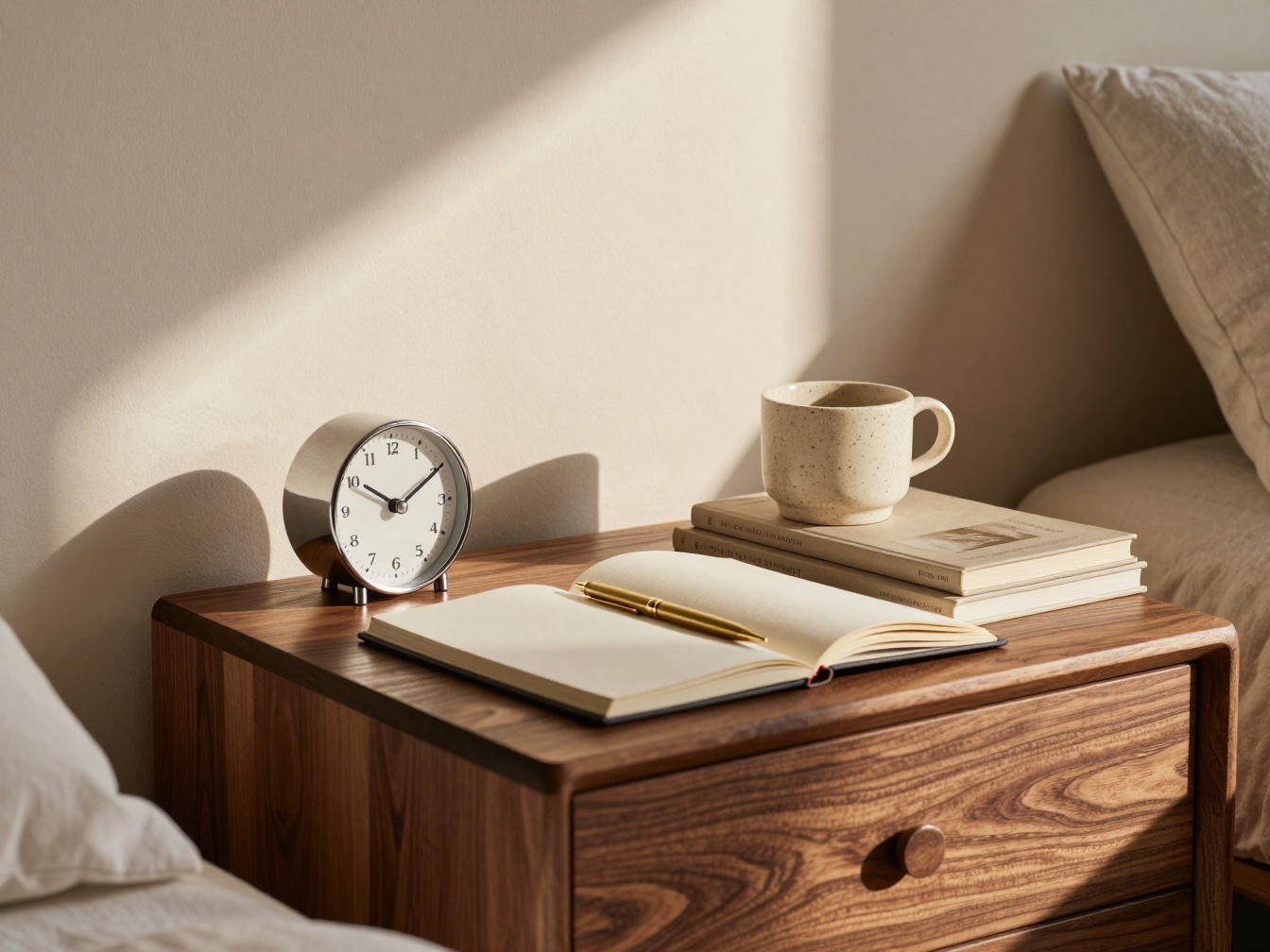 朝の光の中の、時計とノートとカップ